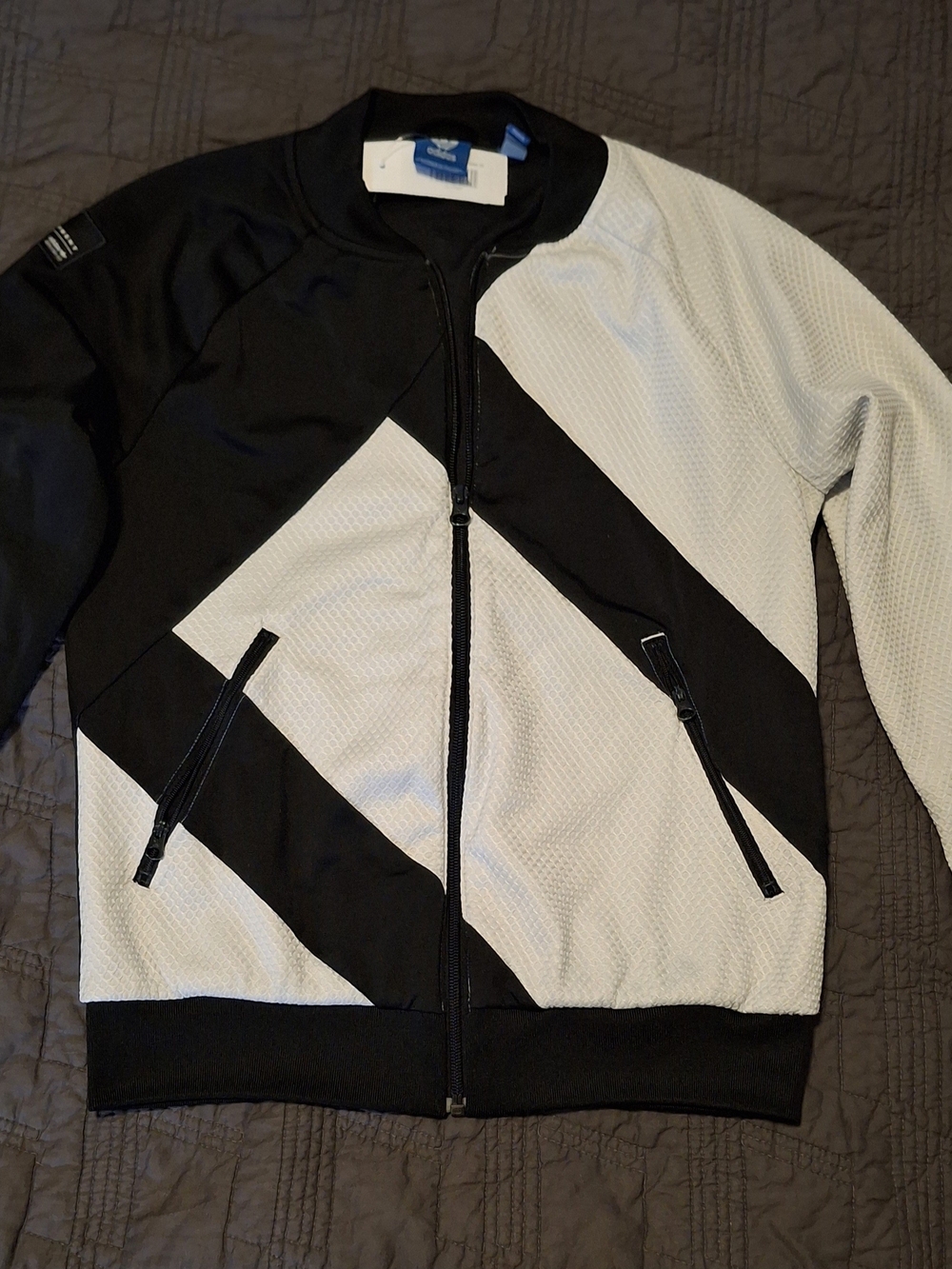 adidas Black and White Diagonal Zip Bomber Jacket